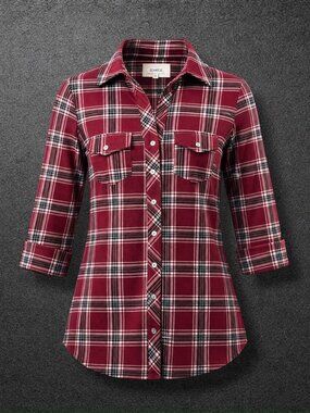 Market & Spruce Maroon Plaid Button Down 3/4 Sleeve Shirt 1X